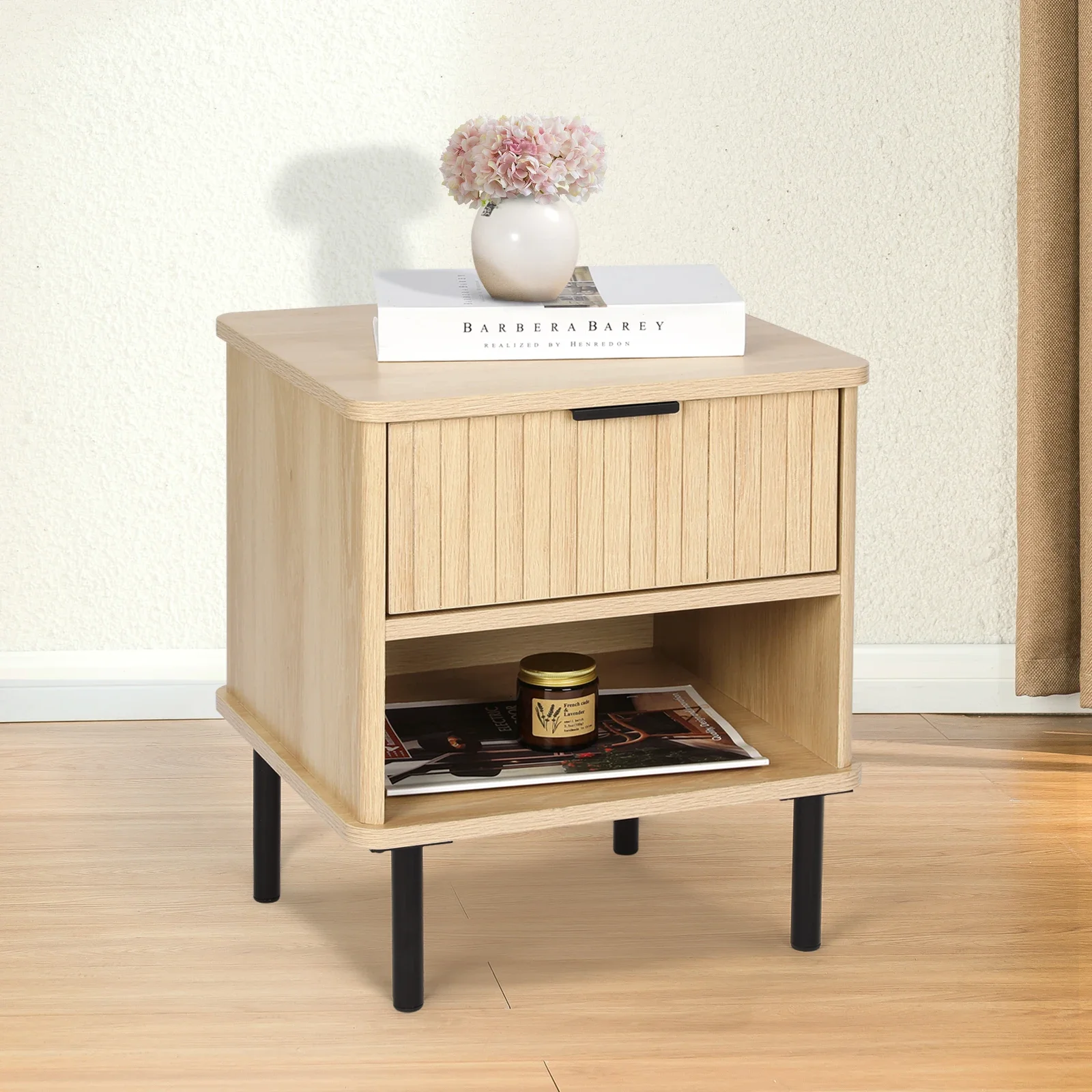 

Wood Shelf, Bedside Furniture With Metal Frame# Nightstand Set Of 2, Natural Oak End Table With Storage Drawer And Open