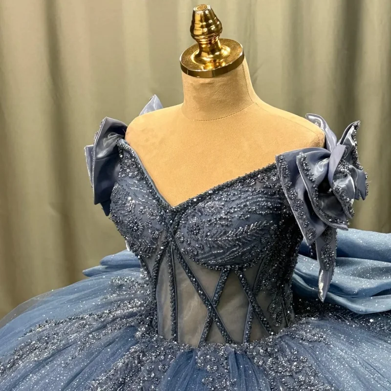 

Blue Quinceanera Dress off-shoulder Sequins Crystal Decal Lace Ruffle Long tail Bow vestidos de 15 Quinceanera ﻿Customize