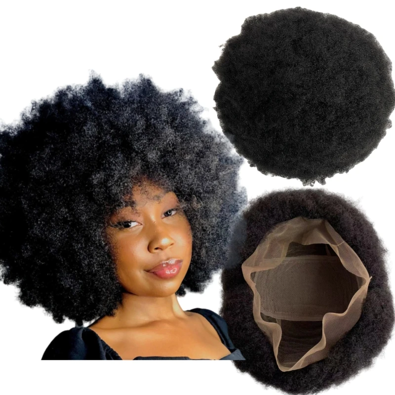 6 inches Brazilian Virgin Human Hair Replacement #1b Black 4mm Root Afro Full Lace Wig for Black Woman