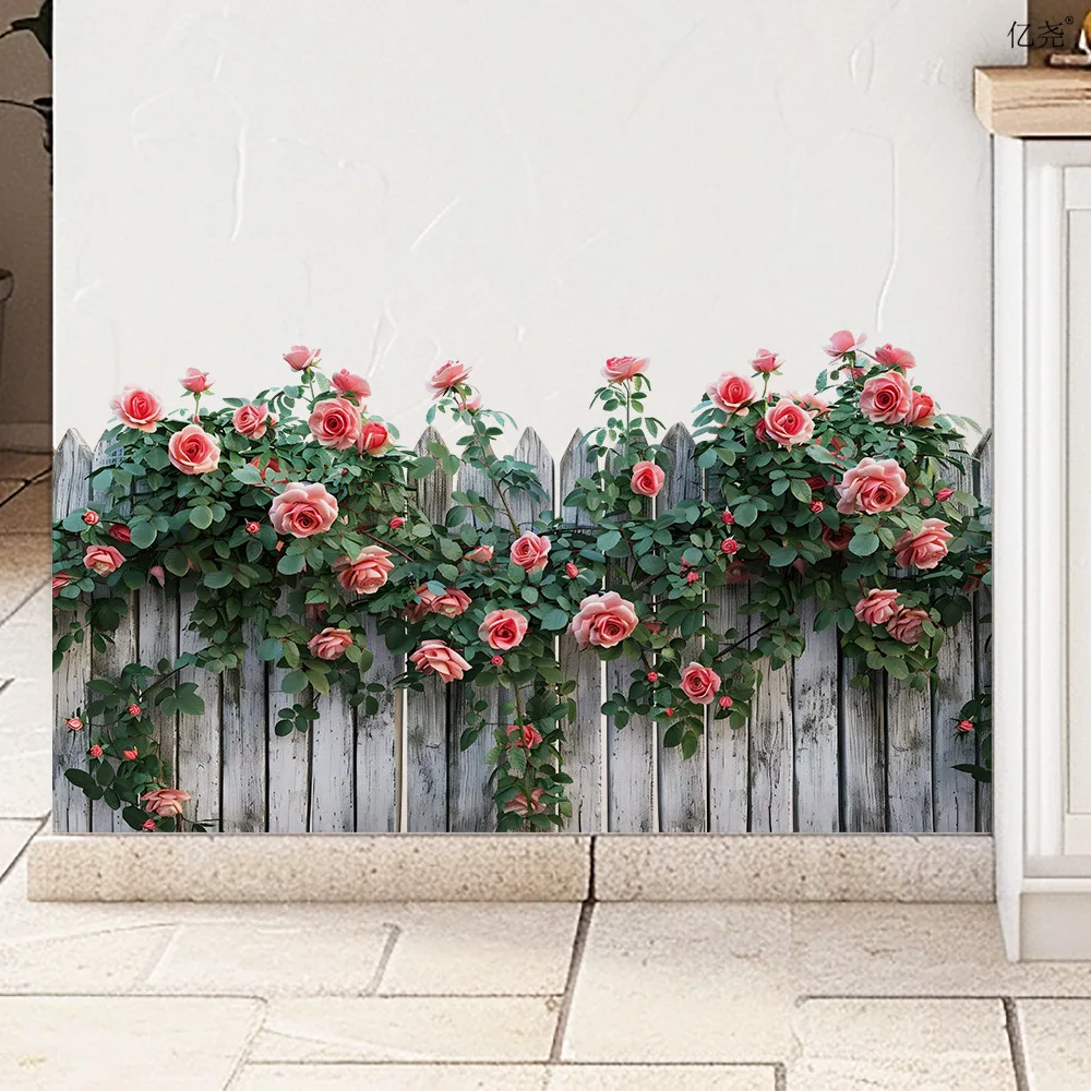 Pink Rose Fence Wall Decals, Vintage White Picket Flower Border Stickers, Romantic Farmhouse Decor for Kitchen Living Room
