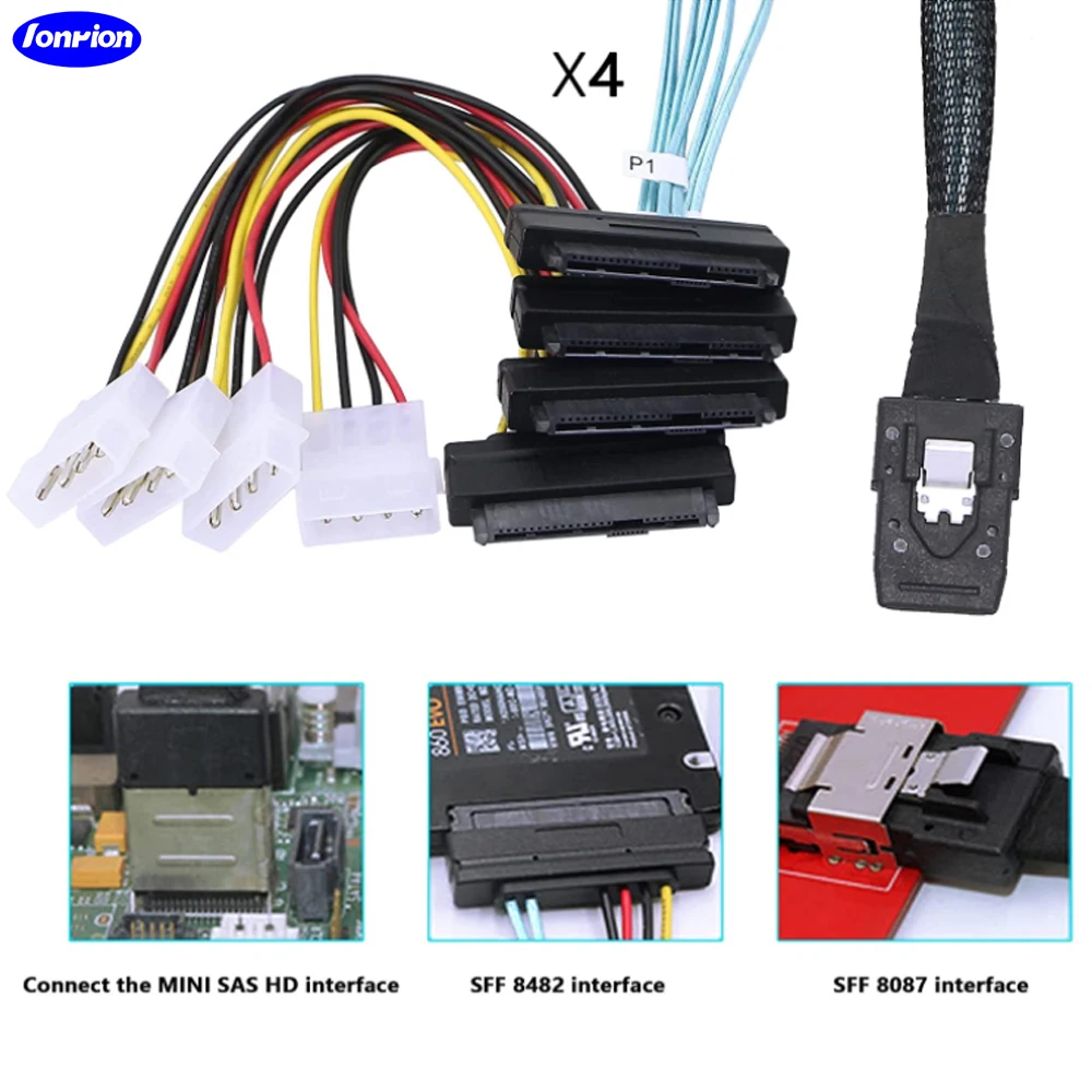 Kabel Mini SAS SFF-8087 do SFF-8482 z 4x złączami zasilania Molex do kontrolera RAID do dysku twardego, 0,5m/1,0m — zdjęcie produktu 3