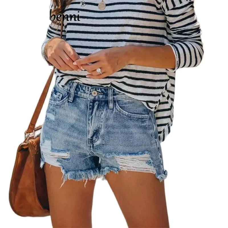 

Women Fashion High Waisted Ripped Tassel Denim Shorts Vintage Hole Summer Casual Pocket Short Jeans Ladies Hot Pants Shorts 2024