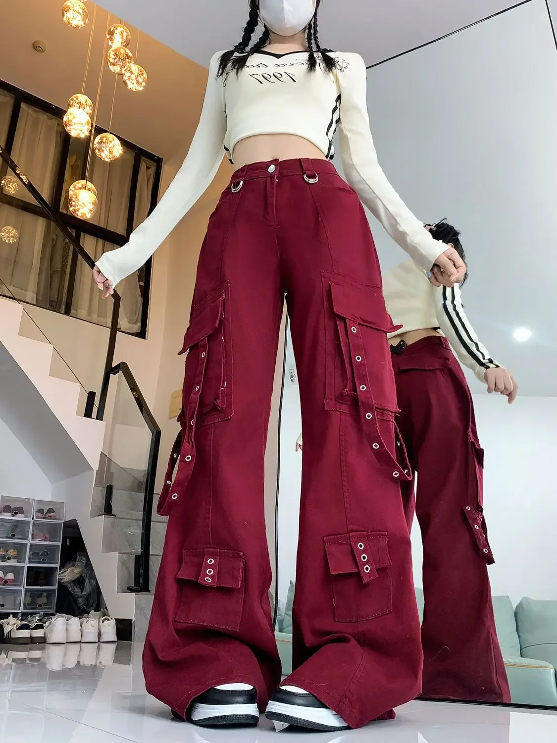 

Retro Red Y2k Streetwear Cargo Jeans Women Harajuku 2000s Aesthetic Denim Trousers Casual Wide Leg Pants Pantalones