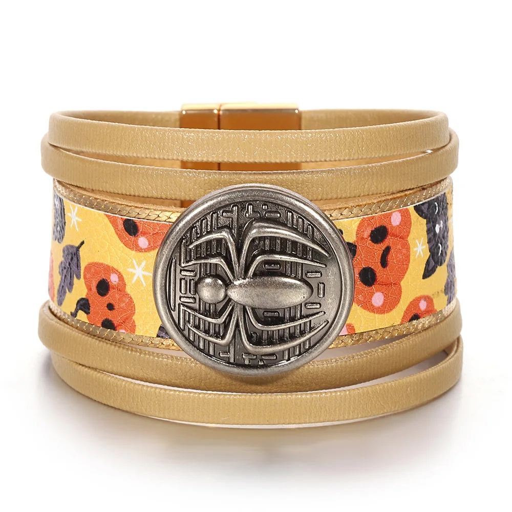 สร้อยข้อมือหนังสไตล์โกธิคสำหรับผู้หญิงและผู้ชาย ลายฟักทอง แมงมุม ผี หลายชั้น แบบพันรอบ สร้อยข้อมือกว้าง เครื่องประดับ