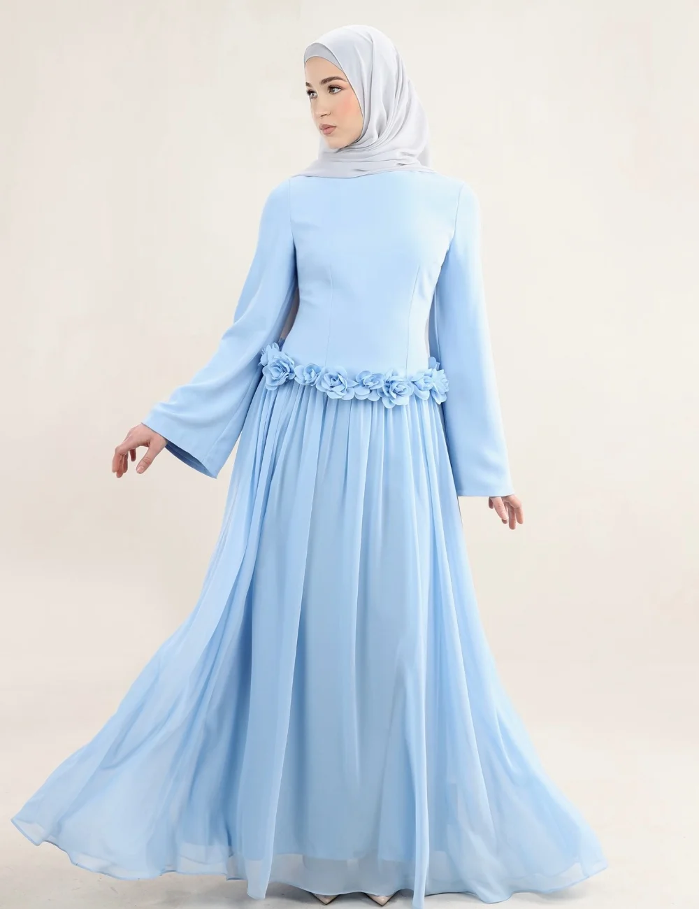 

Customized Blue Modern Style Jersey Flower A-line High Collar Long Dresses Evening Dresses Sizes Available For Birthday Party