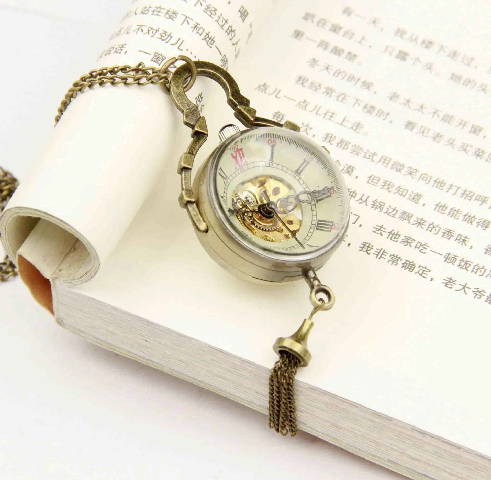 2 Pieces Luxury Vintage Mechanical Pocket Watch for Men Male Transparent Glass Roman Numerals Man Fob Chain Man Pendant Clock