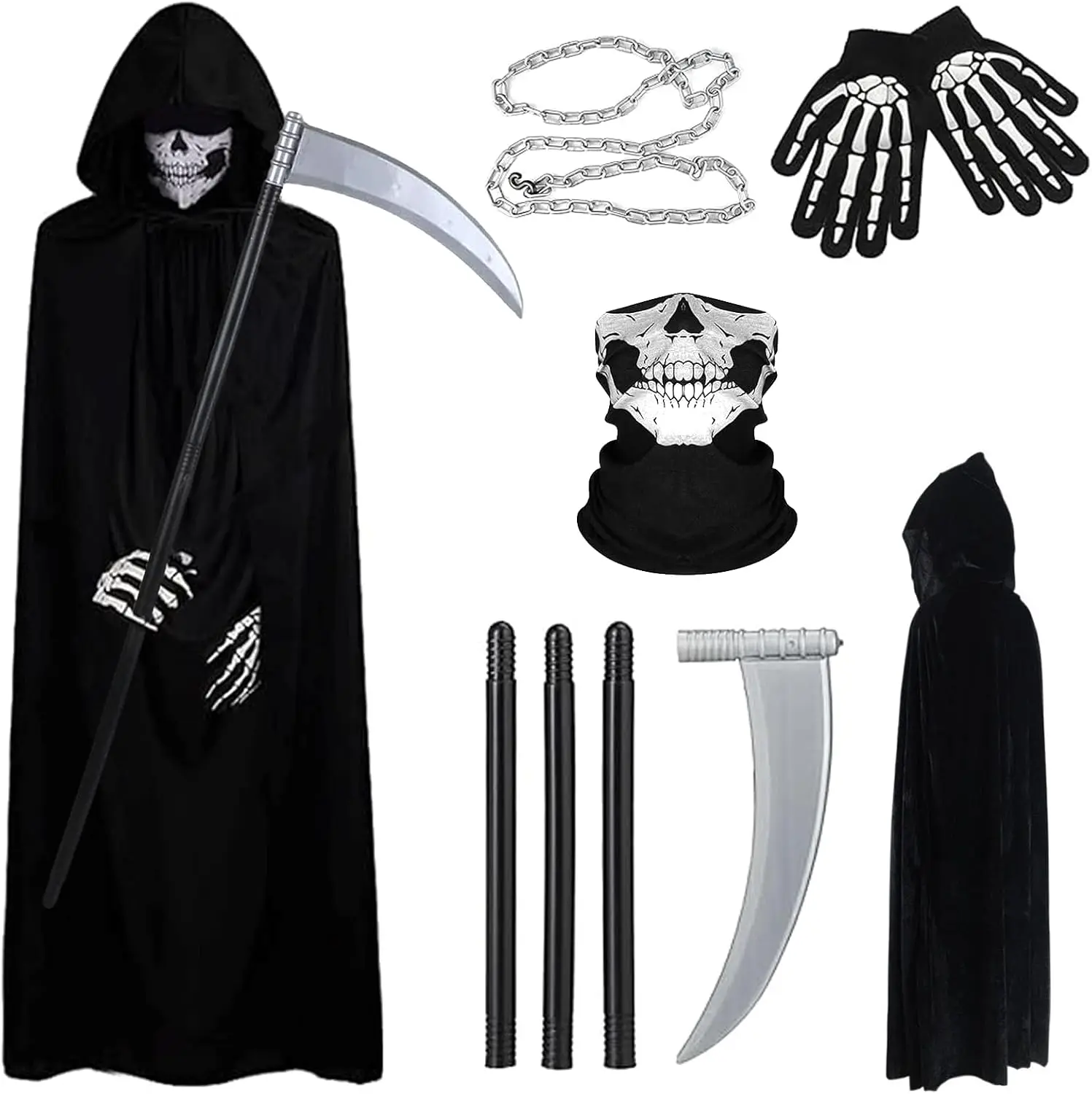 Costume da Grim Reaper con falce, maschera a forma di teschio e set di guanti per adulti, ideale per feste di Halloween, cosplay e travestimenti a tema.