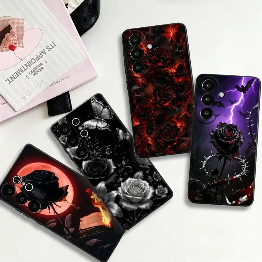 Punk Black Rose Moon Case for Samsung Galaxy S26 Ultra S10 S9 S20 Note 20 8 9 10 S21 FE S26+ S23 S25+ S24 S25 Plus Phone Cover