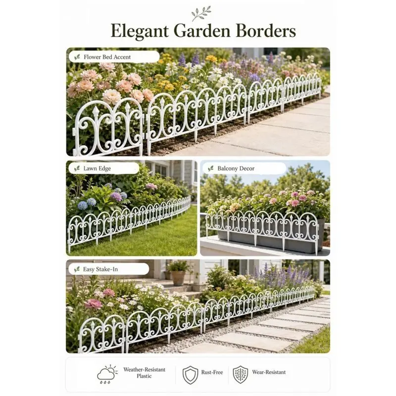 A27F-6Pcs Landscape Edging Decorative Flower Bed Border Interlocking Garden Fence Panels For Yard Lawn Patio Pathways Trees Whit