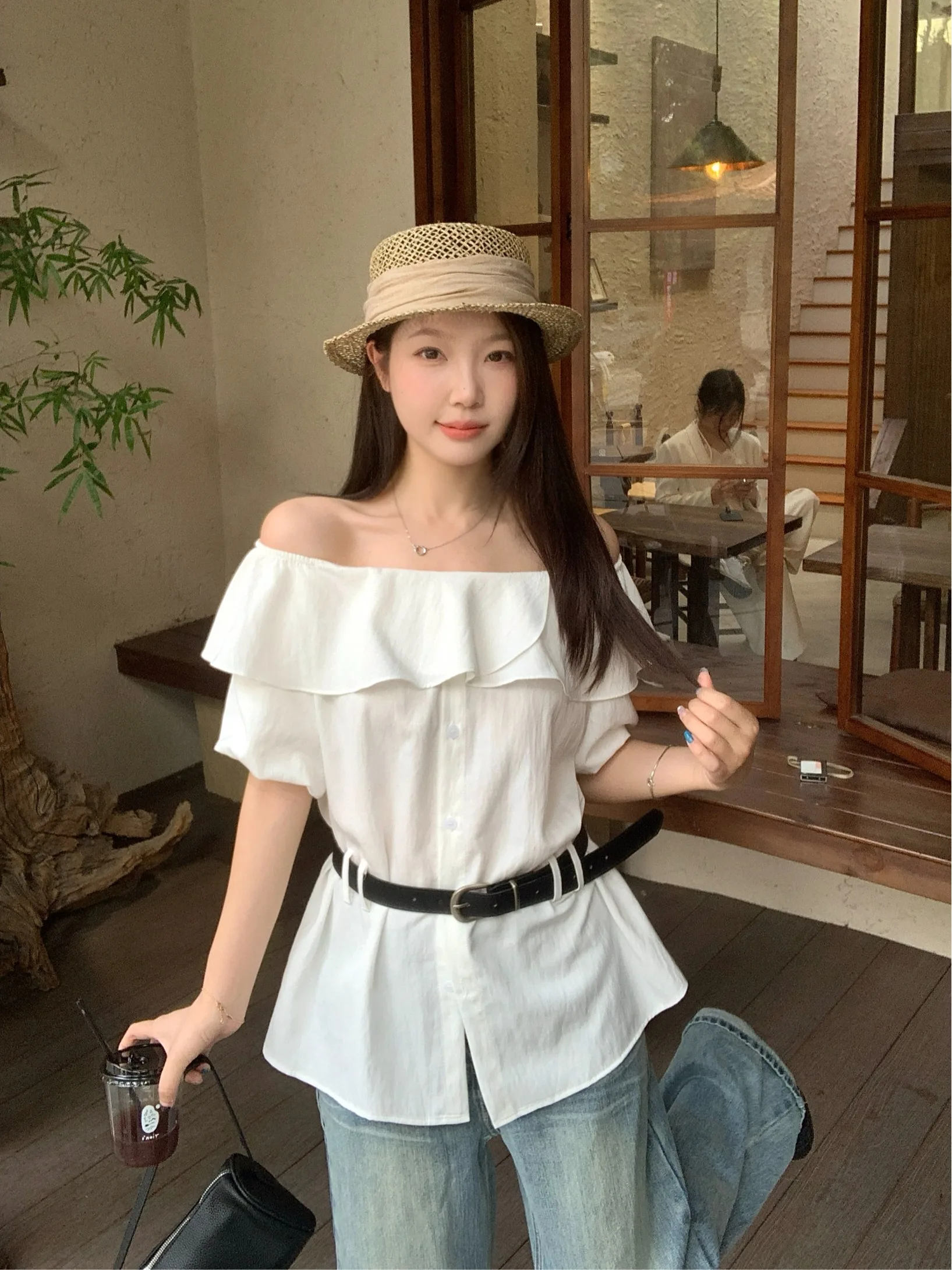 

plus Size Women's Sweet Style White One-Shoulder Waist-Cinching Short-Sleeve Shirt Summer New Design Unique Top Korean Version