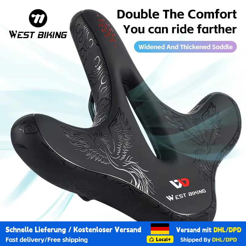 Image of WEST BIKING Breiter Ergonomischer Fahrradsattel Komfortables Polster MTB Rennradsattel Atmungsaktiver Stoßdämpfender Fahrradsitz