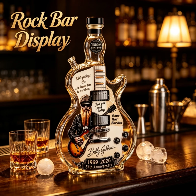 ZZ Top Billy Gibbons Guitar Shaped Glass Decanter Whiskey Liquor Bottle Rock Band Fan Collection Bar Decor