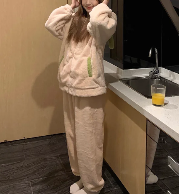 كبيرة الحجم النساء الشتاء سميكة لطيف المرجان بيجامة من الصوف موضة تنوعا تخفيض العمر فضفاضة مريحة مقنعين منامة مجموعة #2