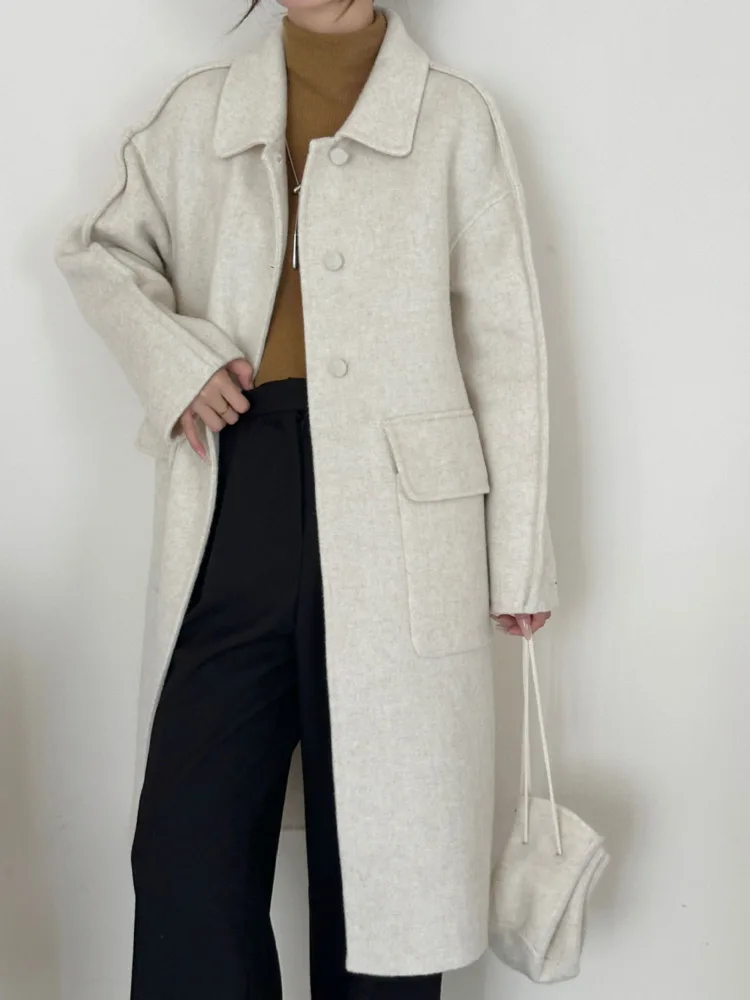 ZMEENNA Womens Elegant Wool Blend Long Coat Collared Single Breasted Warm Winter Outerwear Stylish Loose Fit Casual ZM3475