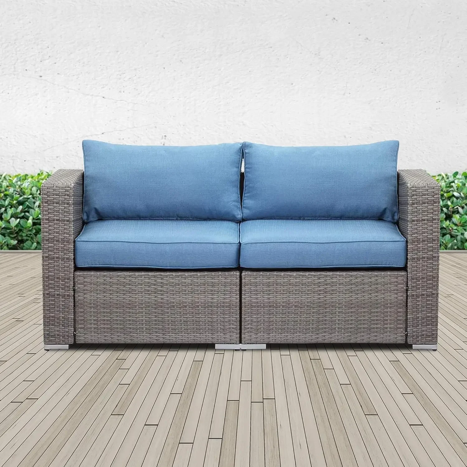 

2 Pieces Rattan Sofa Outdoor Patio Furniture, All Weather Sectional Wicker Loveseat with Cushion (Blue), Customized