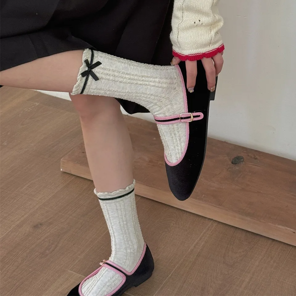 

Женские носки в балетном стиле, осенне-зимние однотонные свободные длинные носки с ремешком и бантом, милые милые носки в стиле Лолиты Kawaii для девочек, средние носки-трубы