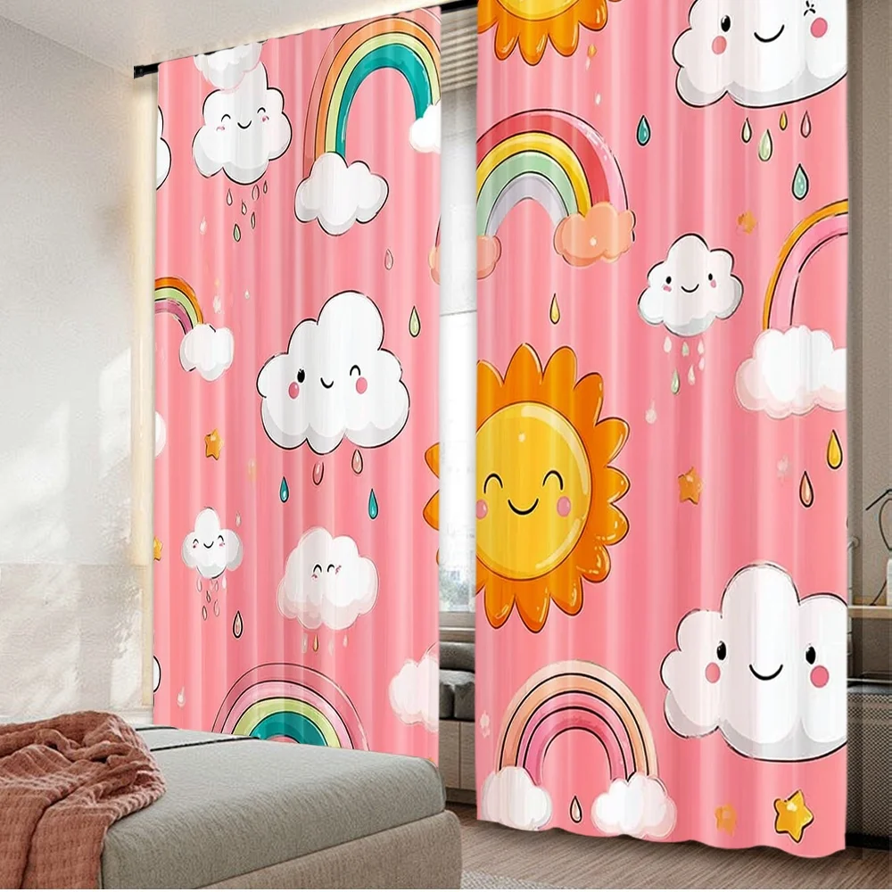 2D flat printing 2pcs Window Curtains Bright Smiles and Rainbows Digital Printed Polyester Drapes Festive Curtains Use for