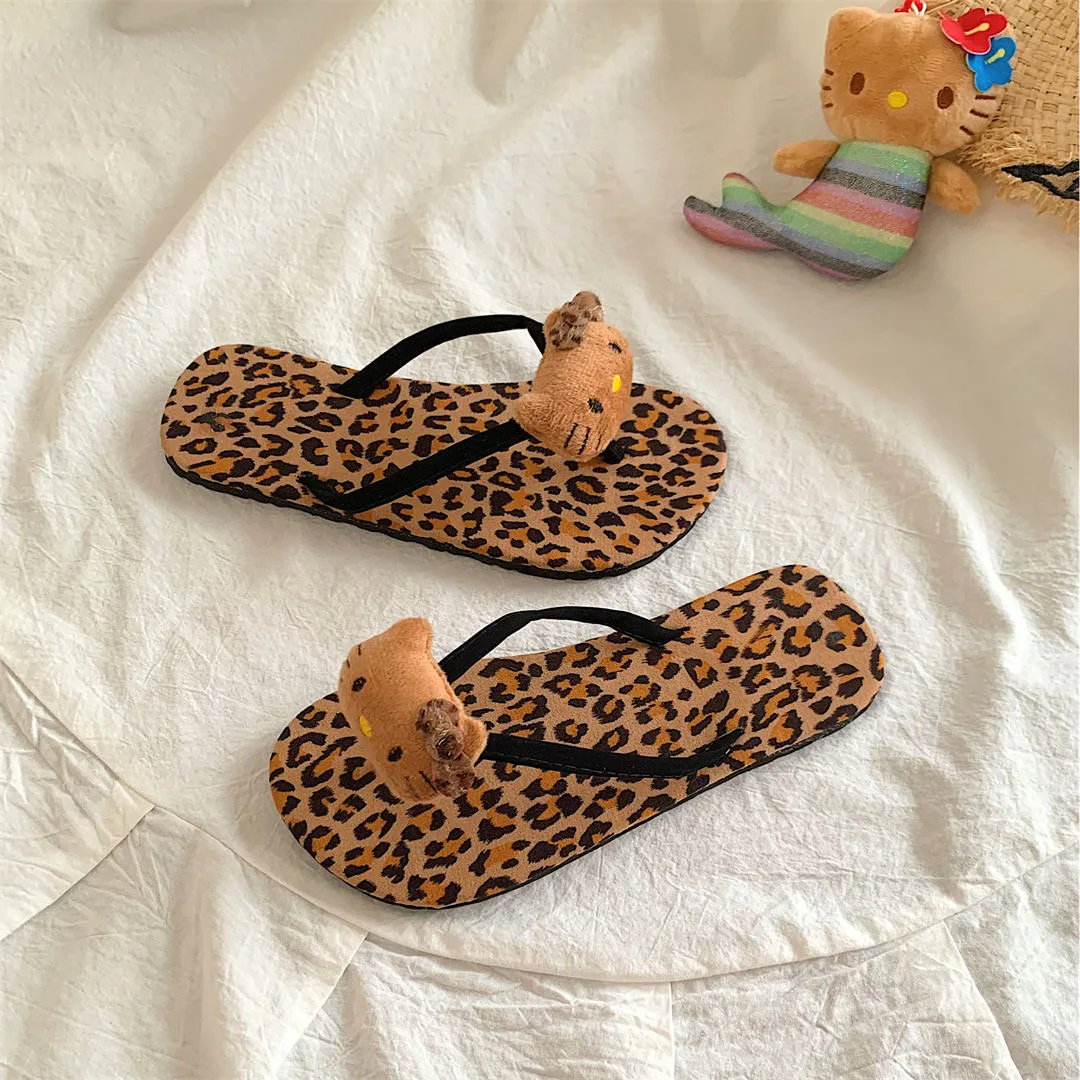 Y2K Sexy Leopard Print Hello Kitty Flip-flops Cool  Charms Beach Slippers Women Summer Outer Slippers Kawaii Aesthetic Gifts