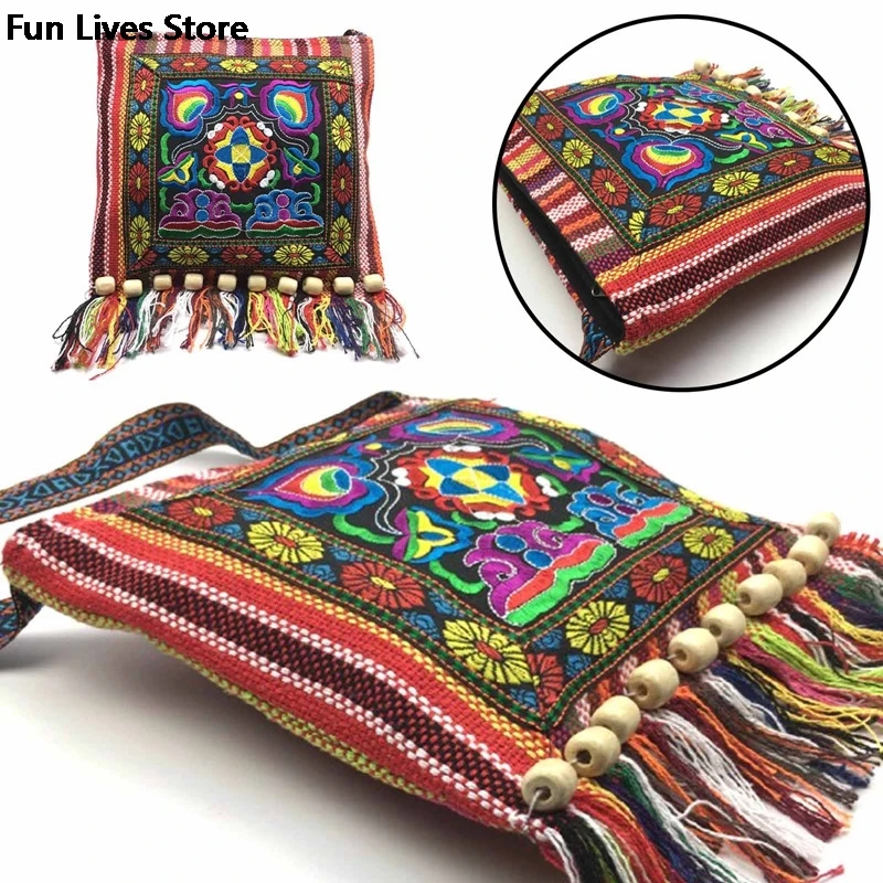 Hmong Tribal Ethnic Purse Thai Indian Boho Shoulder Bag Vintage Message Bags for Women Embroidery Tapestry Tote Tassel Handbags