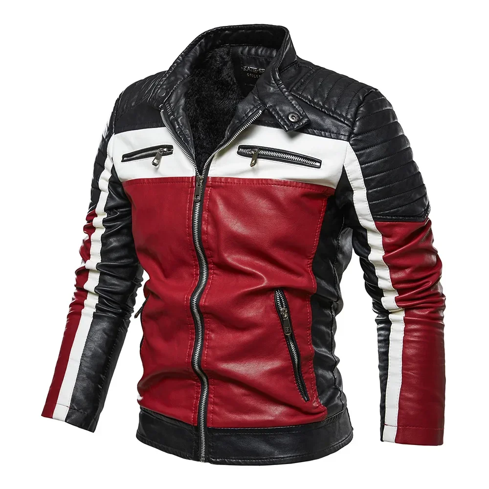 Men Yellow PU Leather Jacket Patchwork Biker Jackets  Casual Zipper Coat Male Motorcycle Jacket Slim Fit Fur Lined Outwear Coat