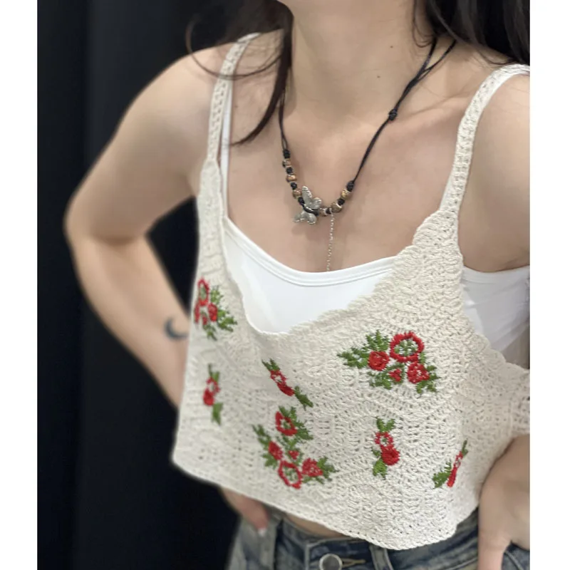 

Boring Honey New Red Flower Embroidery Summer Clothes For Women Round Collar Corset Tops Wavy-Edge Hollow Out Crop Tops Women