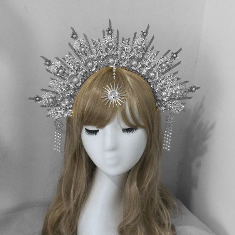 Diadema de Halo dorado, Tiaras de corona de madrina, tocado gótico de la Virgen María, accesorios para el cabello de diosa de las hadas