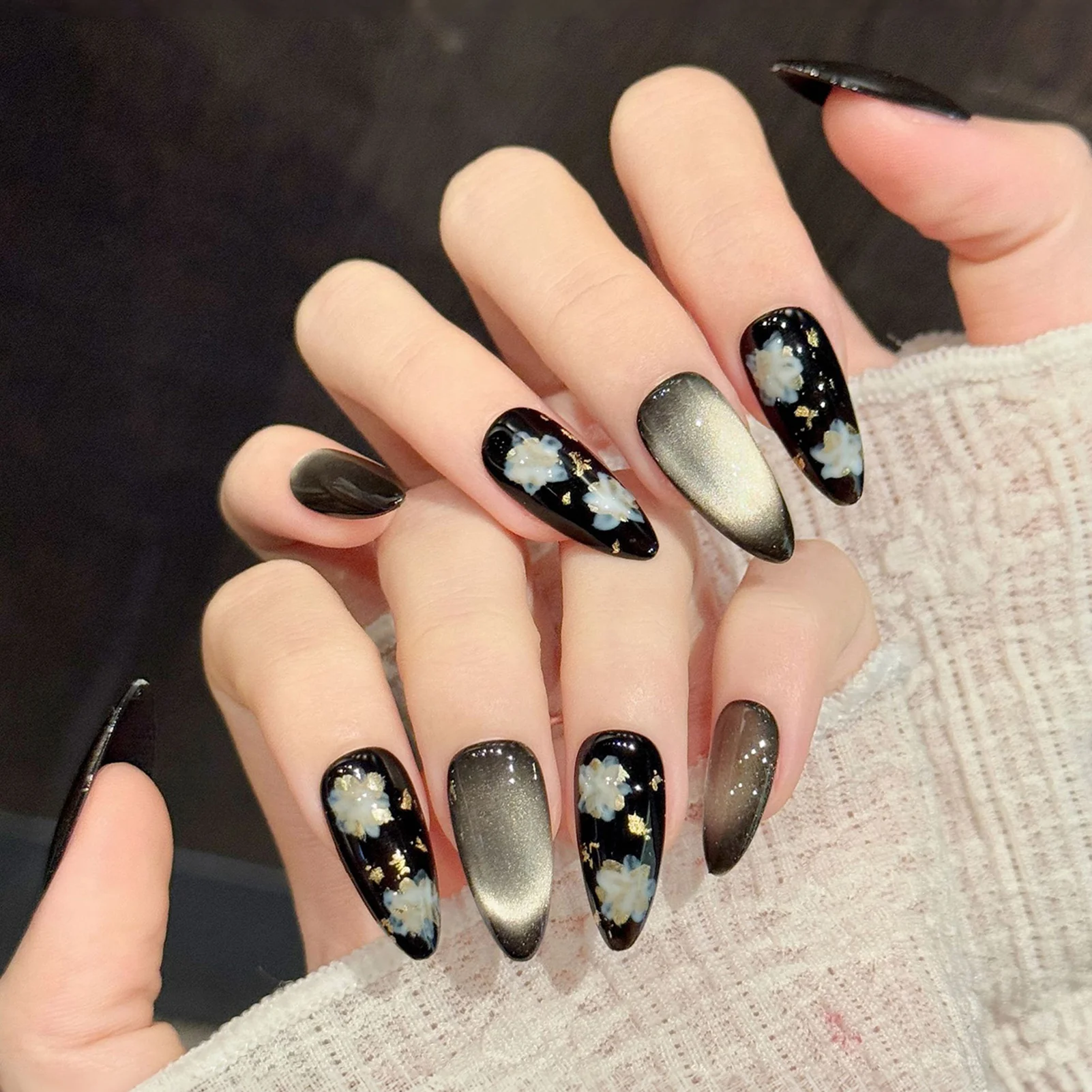 Black-Gold Cat-Eye False Nails 10pcs Handmade European Elegant Almond Press on Nails Full Cover Detachable Fake Nail Patches - view 3