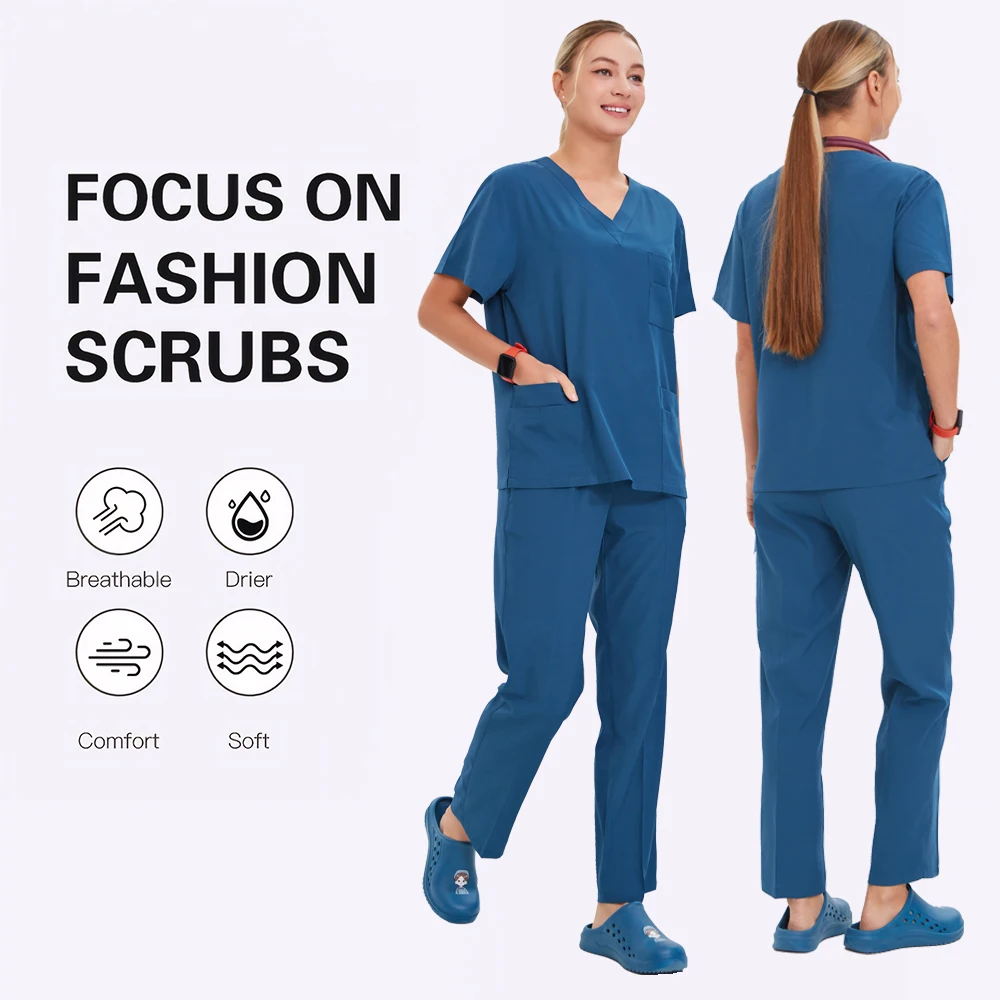 High Quality Medical Women Uniforms Scrub Nursing Set V-Neck 4-way Stretch Dental Clinic Hospital Outfits S23