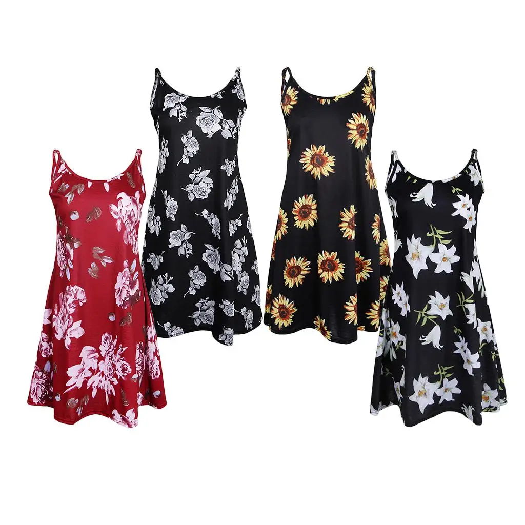 Strappy Knee Length Floral Swing Dress Sleeveless Flare Cami for Garden Party Beach Wear Women's Summer