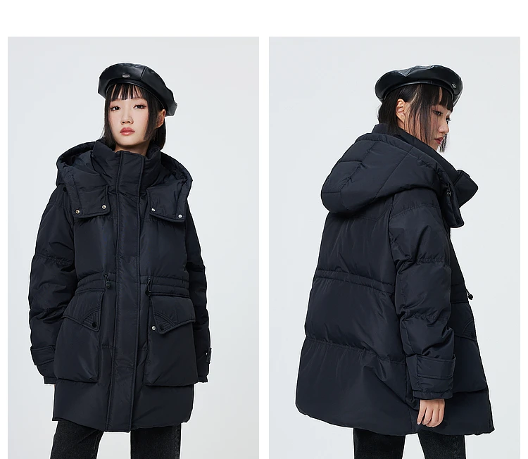 Metersbonwe Women's Oversized Long Hooded Down Jacket Adjustable Pig Nose Buckle Waist Belt Utility Duck Down Parka Warm Winter