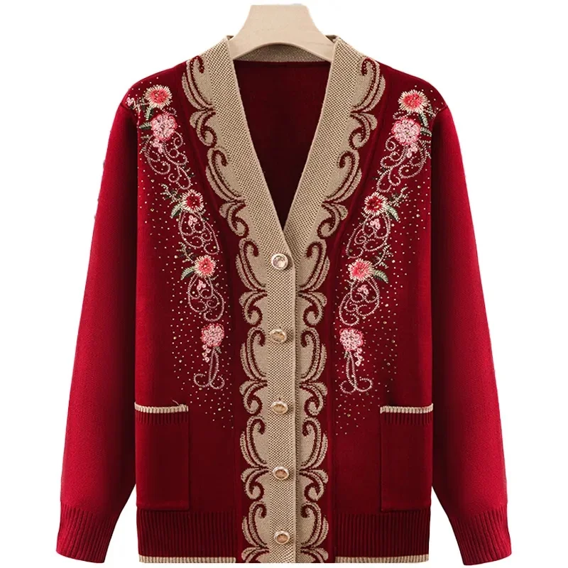 

2025 Ladies Fashion V-Neck Knitted Jacket Middle Aged Mother Knitting Cardigan Spring Autumn Female Large Size 4XL Sweater Tops