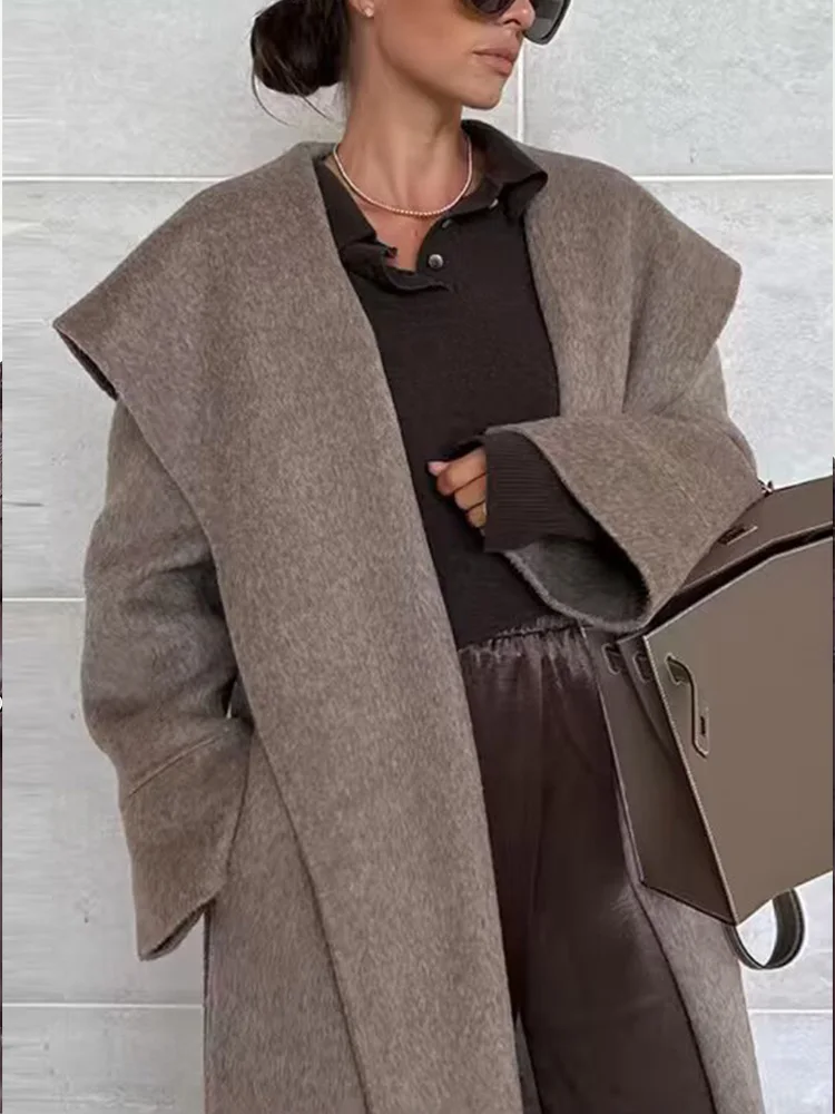 

HH Women New Elegant Wide Turn-down Collar Woolen Jacket Female Pockets Belt Decoration Warm Solid Winter Long Coat Mujer