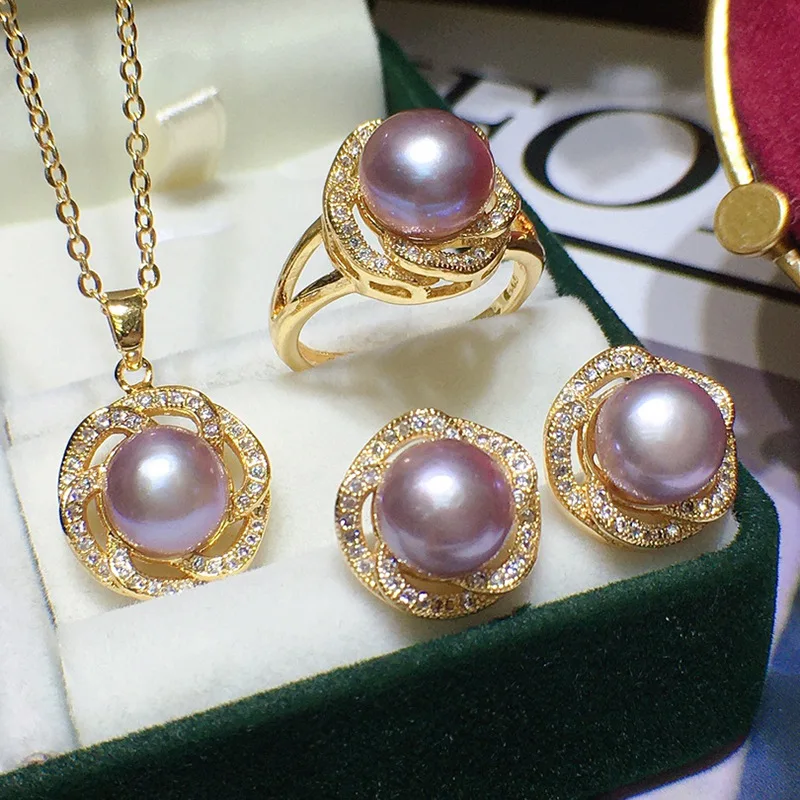 one set freshwater pearl 8-9mm pendant /earrings/Ring gray/pink/black/yellow/purple