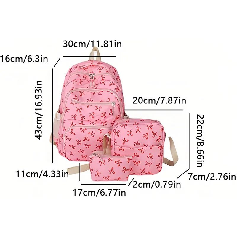 ชุดกระเป๋าเป้สะพายหลังลายโบว์น่ารักสำหรับเด็กผู้หญิง 3 ชิ้น น้ำหนักเบา เรียบง่าย เหมาะสำหรับนักเรียน  กระเป๋าเดินทางใส่โน้ตบุ๊คได้  จุของได้เยอะ