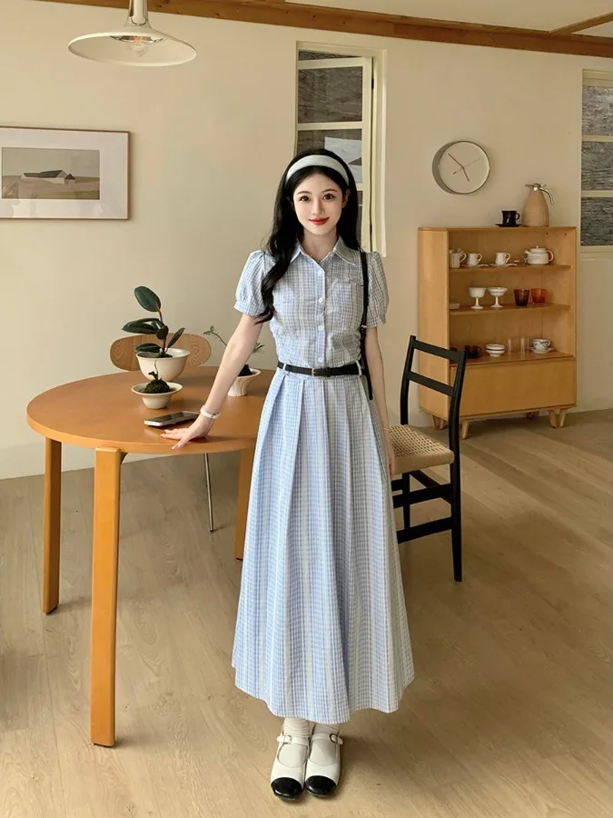 

2026 New plus Size Casual Stripe Short Sleeve Shirt Dress Women High Waist A-Line Korean Style Breathable Summer Fashion