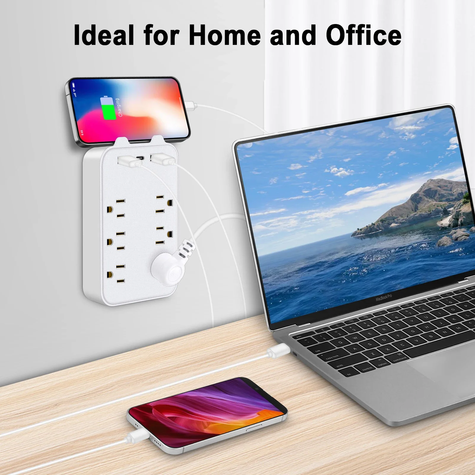 9 in 1 Socket Surge Protector 6 Outlet Extender with 2 USB & 1 Type-C Ports Spaced Power Strip Multi Plug Outlets Wall Adapter