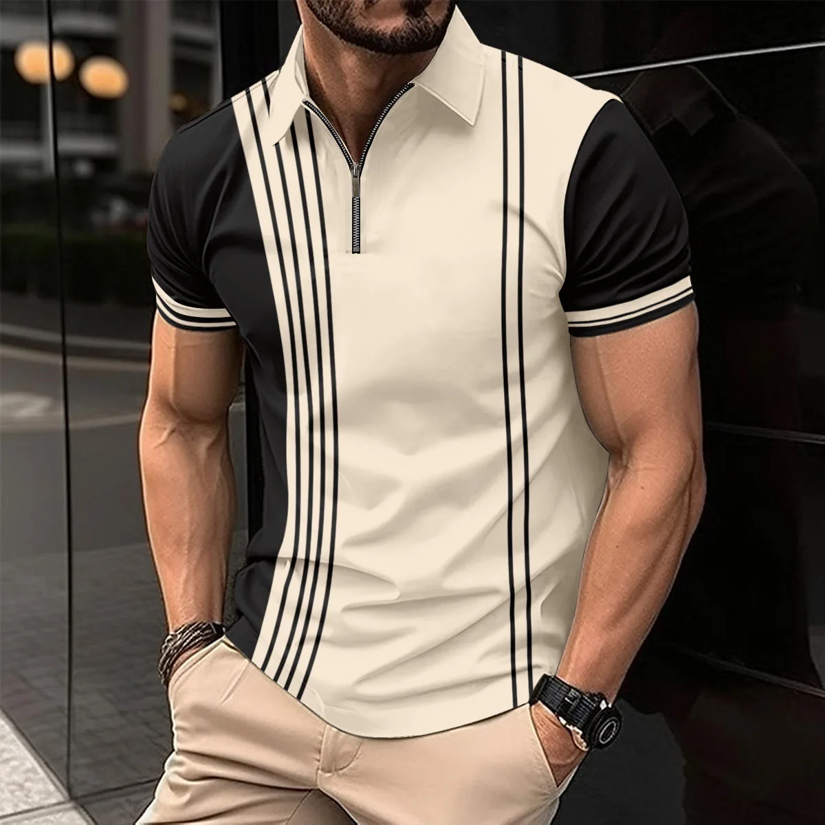 Summer Men Polo Shirt Simple Lapel Zip Splicing Stripe Printed Shirts Short Sleeve Casual Fashion Men\'s Clothing Tops