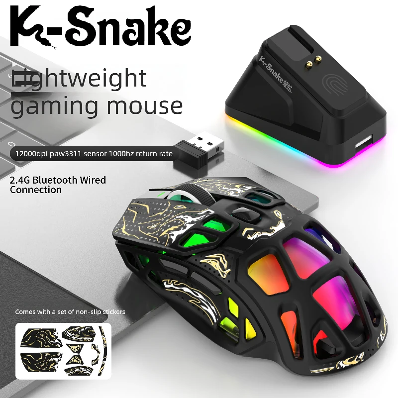 K-Snake X9PRO Lightweight Wireless Gaming Mouse PAW3311 12000DPI RGB Backlit USB Wireless Bluetooth Rechargeable Mouse for Gamer