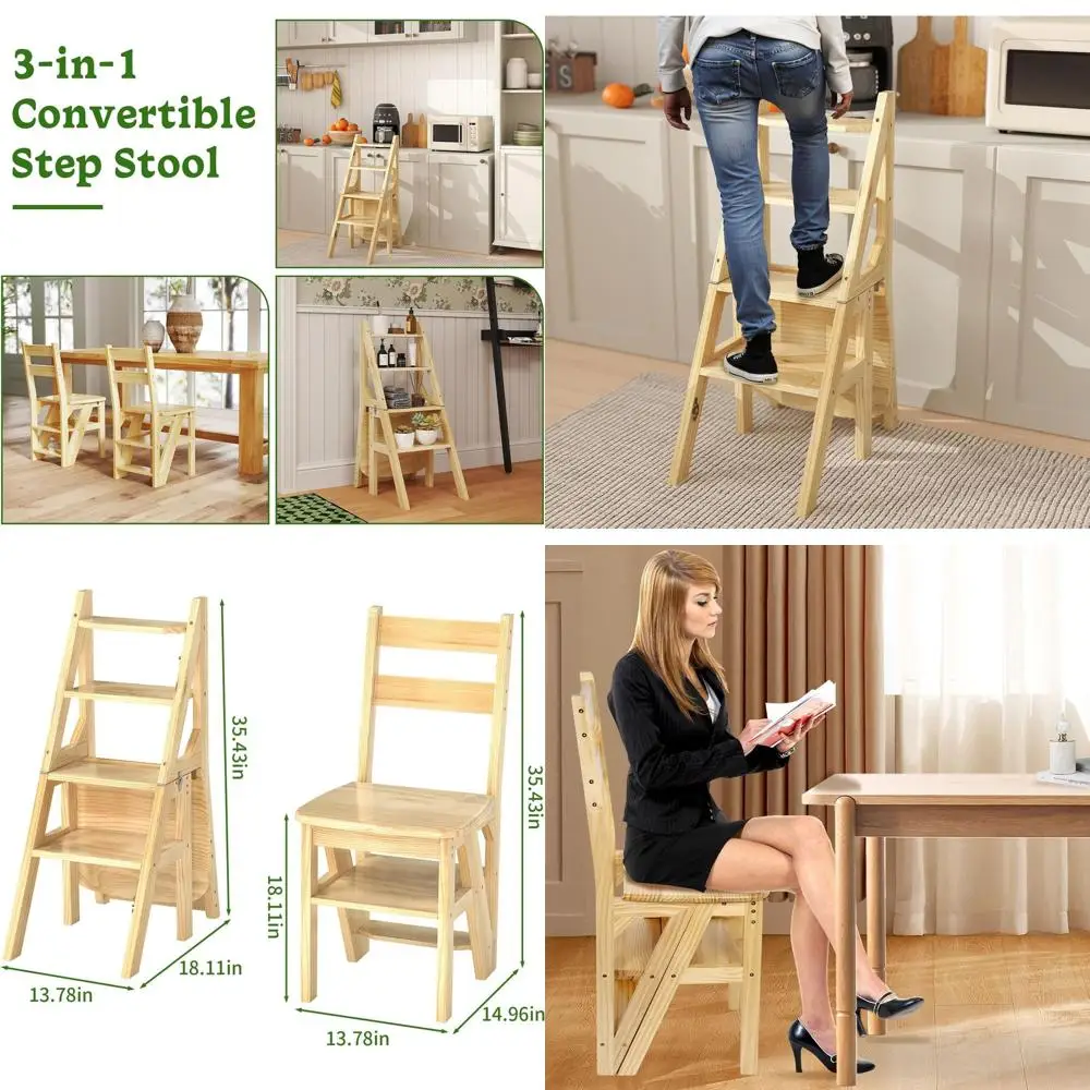 

Складной стул-ступенька 3-в-1: 4-х уровневая деревянная лестница емкостью 265 фунтов для дома, библиотеки, кухни, хранения и витрины