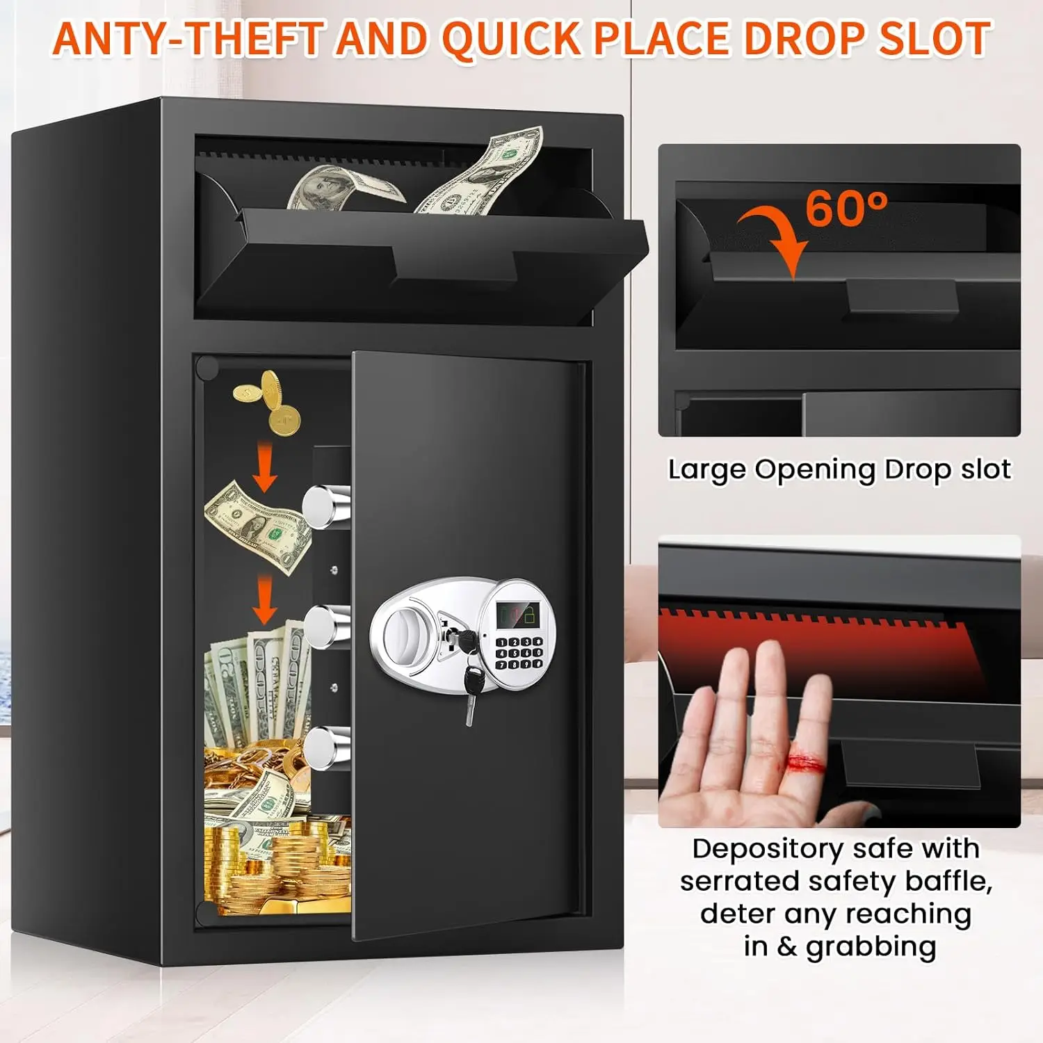 5.2 CU FT Extra Large Drop Safe for Business, Anti-Theft Money Drop Slot Safes with Digital Keypad and Spare Keys, Heavy Duty De