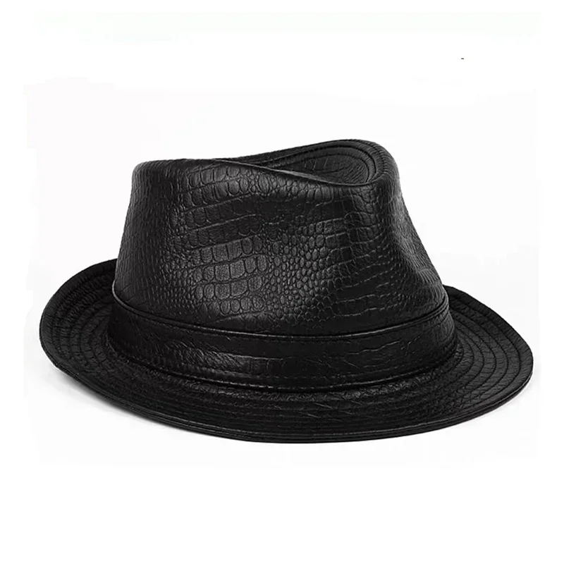 Man High Quality Genuine Leather Jazz Fedora Gentleman CowSkin Short Brim Black/Brown Fitted Top Hat Print Crocodile Pattern