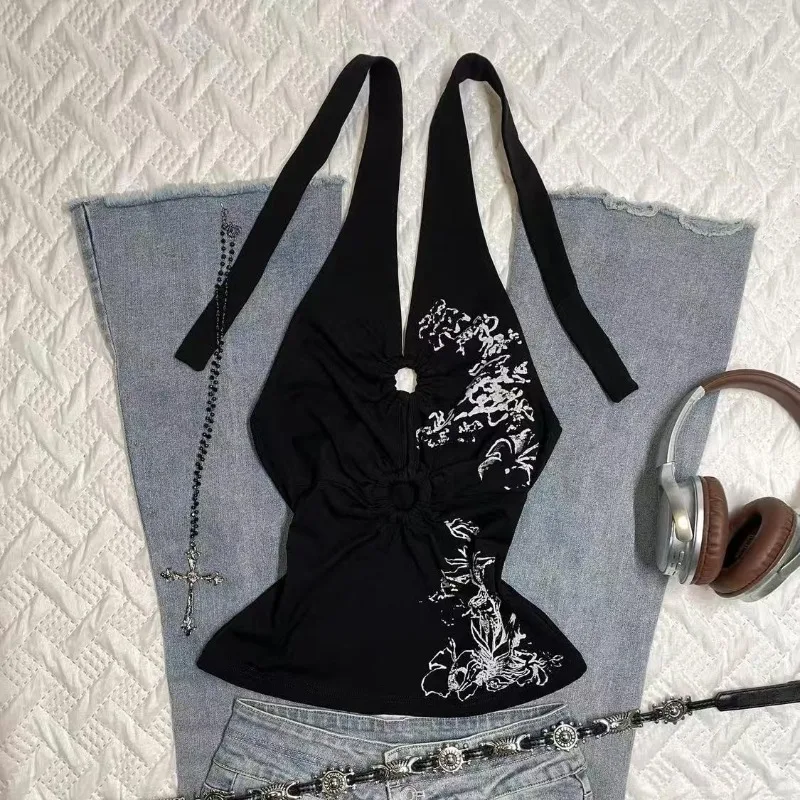 

Retro Sexy Hottie Camisole American Subculture V-neck Hollow Halter Vest Harajuku Aesthetic Pattern Print Tanks Women's Slim Top