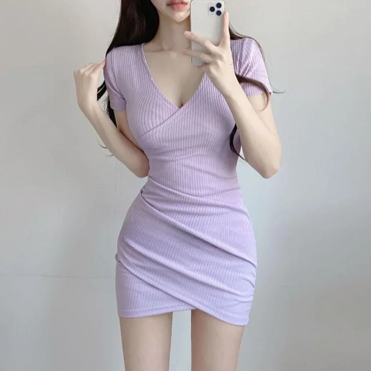 

Sexy V-Neck Crossed Waist Short Sleeve Dress Women's Design Asymmetrical Slim Fit Bodycon Skirt Summer High Waist Knitted Dress