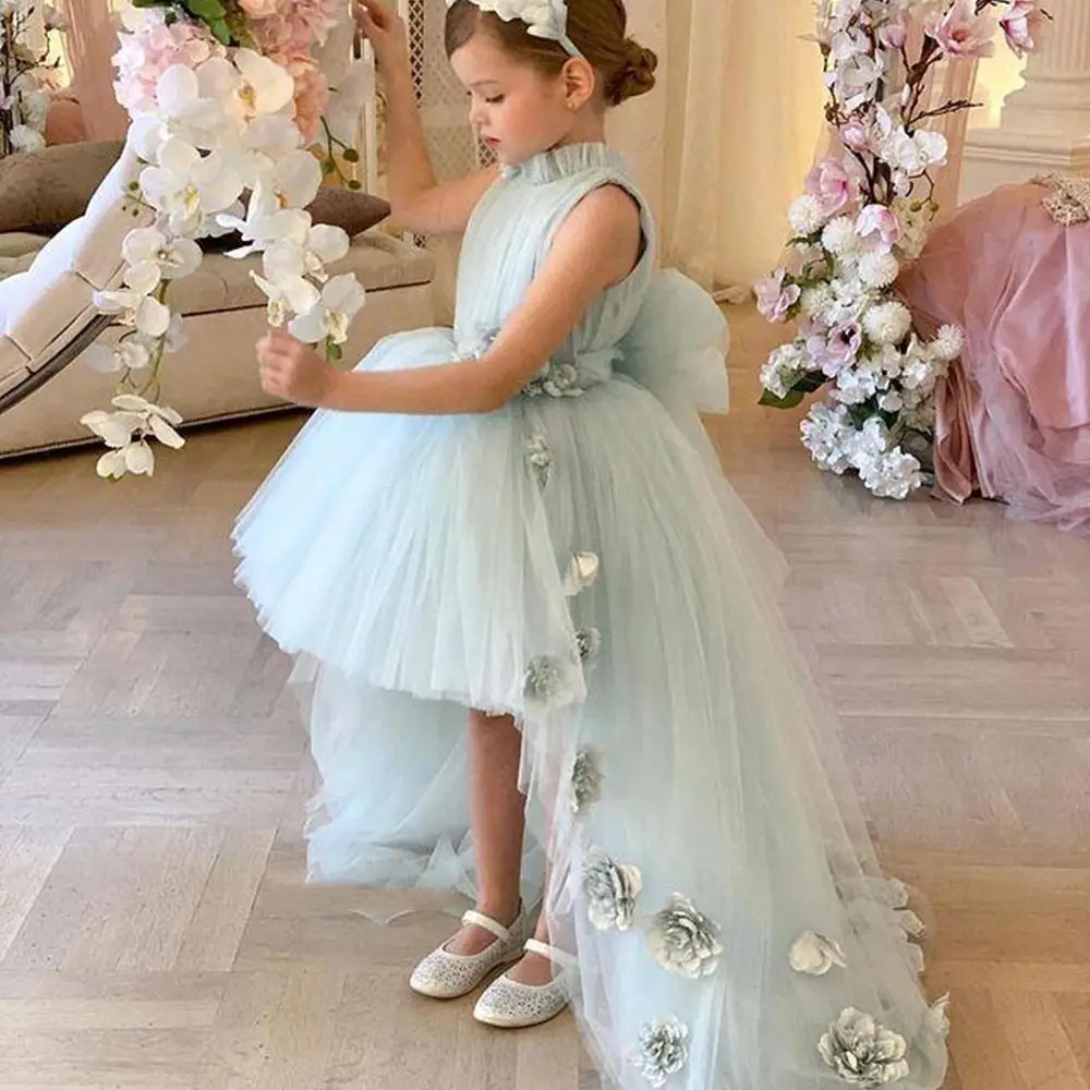 New Lace Tulle Cupcake Flower Girls Dresses With Long Sleeve High Neck Crystal Sash Birthday Party Gown