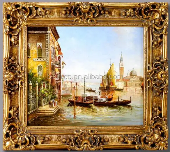 European Italy Water City Scene Picture on Wood Board Frame, Luxury Design Hand Printed Canvas Gilt Wood Carved Oil Painting