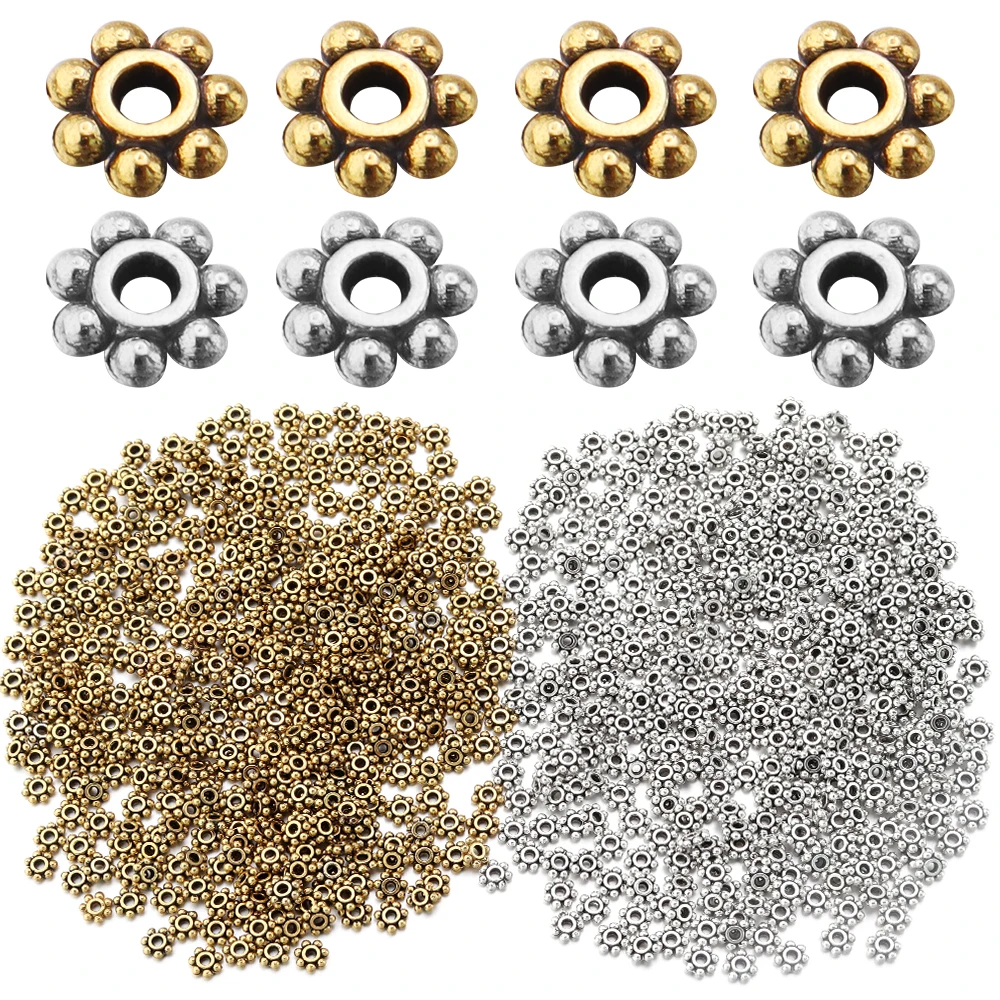 200pcs/Lot 4mm Antique Gold/Silver Color Small Snowflake Spacer Beads Metal Flat Beads for Jewelry Making DIY Bracelets Necklace