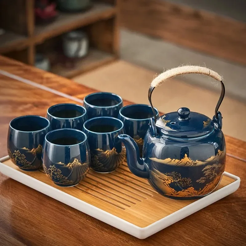 

7-Piece Set Japanese Style Ceramic Tea Set Black Glazed Teapot With Tea Strainer Simple Teacup Home Office Gift Tea Service