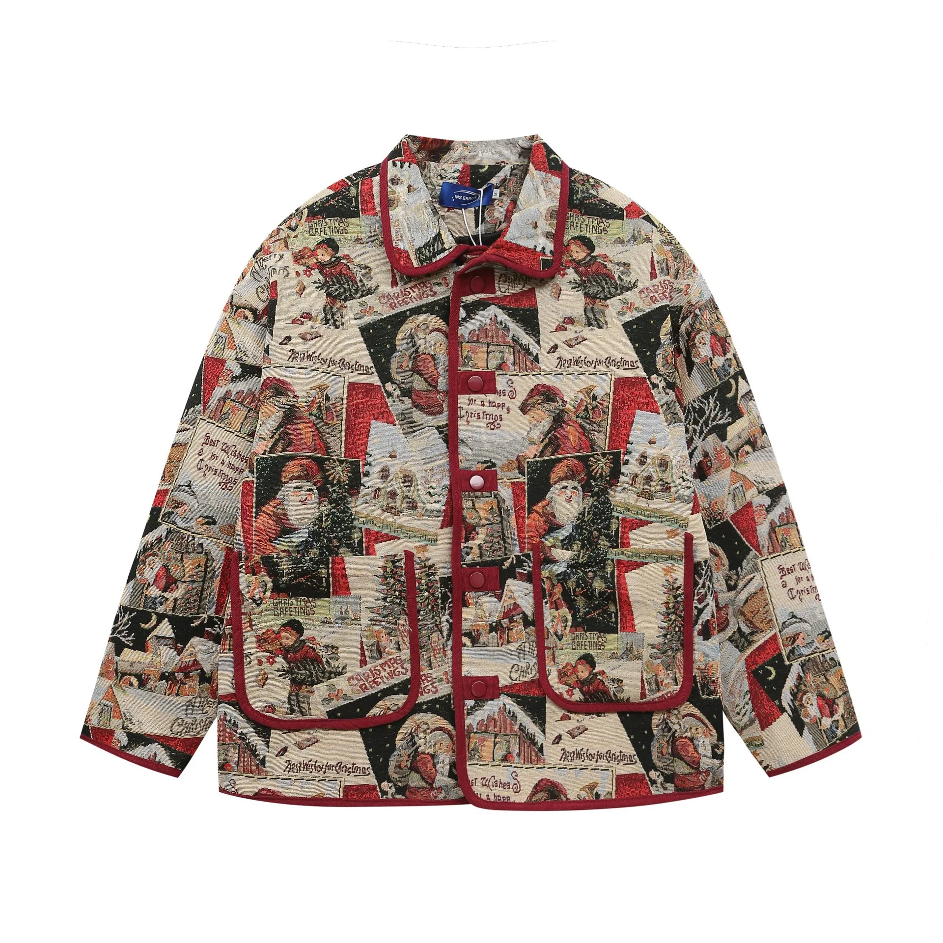 2024 New Winter American Retro Santa Claus Jacquard Collar Cotton Jacket Trendy Loose Casual Couple Clip Cotton Jacket