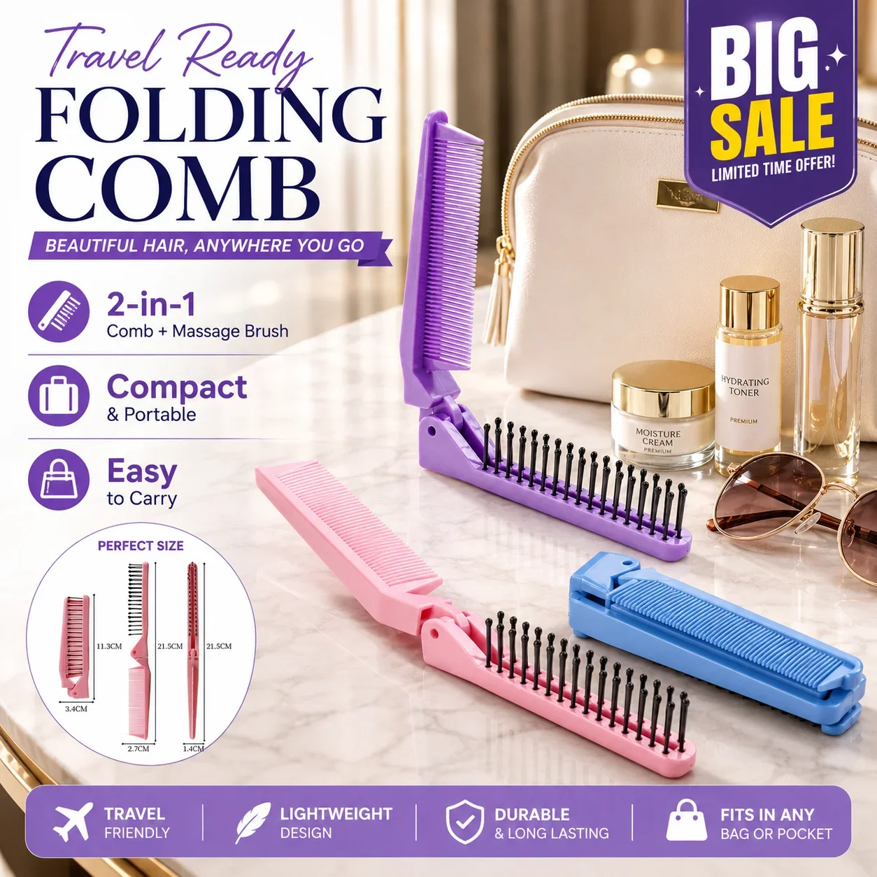 Portable Travel Foldable Comb, Massage Hair Brush, Compact Plastic Styling Comb for On-the-Go Use