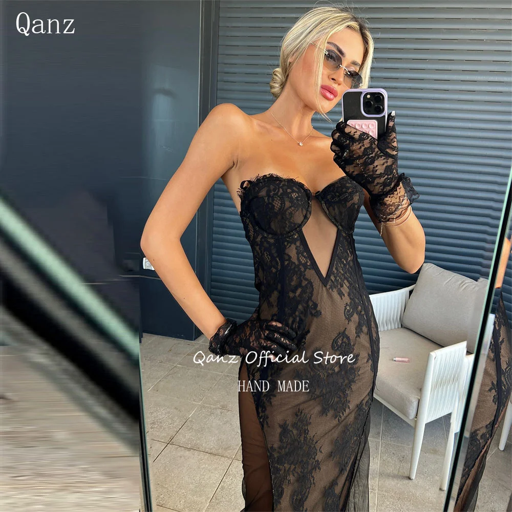 

Qanz Elegant Black Lace Appliques Evening Dresse Sweetheart Mermaid Robes De Soirée Flesh Colored Lining Party Gowns Customized